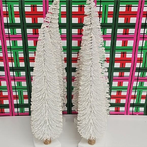 Two Sets of Three Decorative Holiday White Pine Trees on Wood Blocks Festive - Picture 2 of 7